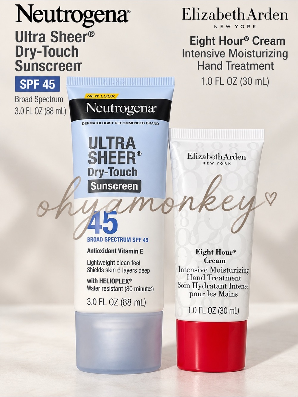Neutrogena Ultra Sheer Dry-Touch Sunscreen SPF 45 and Elizabeth Arden Hand Cream